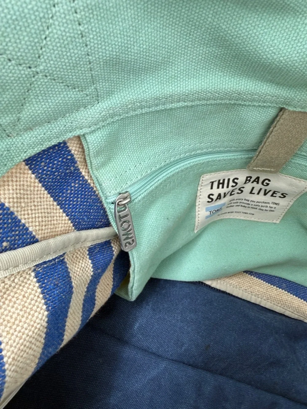 TOMS Blue and Beige Striped “Lakeside” Canvas Tote Bag
